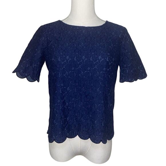 Madewell Cropped Lace Top Size Small Navy Blue Scalloped Hem Shirt Womens - Picture 1 of 8